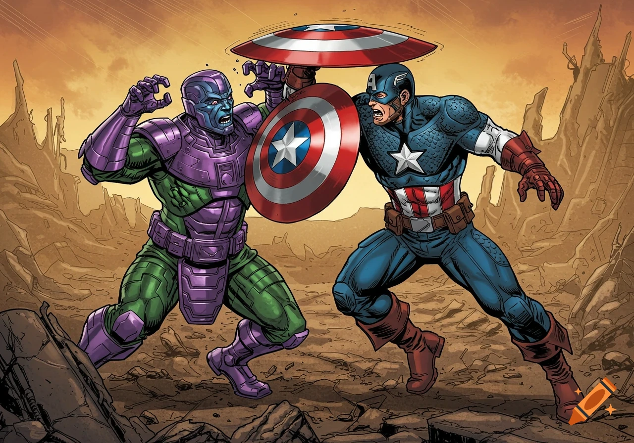Captain America fighting Kang the Conqueror in a desolate landscape, comic book style.