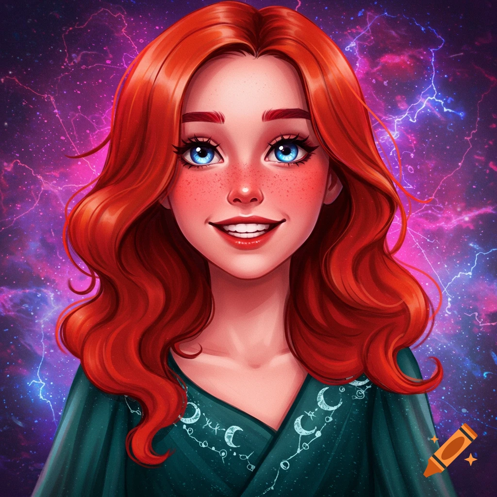 Stylized portrait of a red-haired woman with freckles against a purple and pink cosmic background with lightning.
