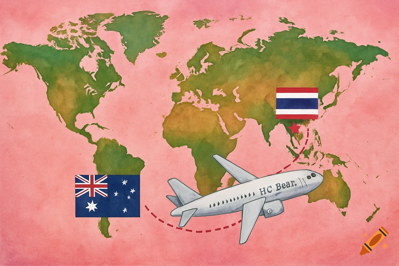A watercolor world map shows a plane branded 'HC Bear' flying from Australia to Thailand, marked with flags.
