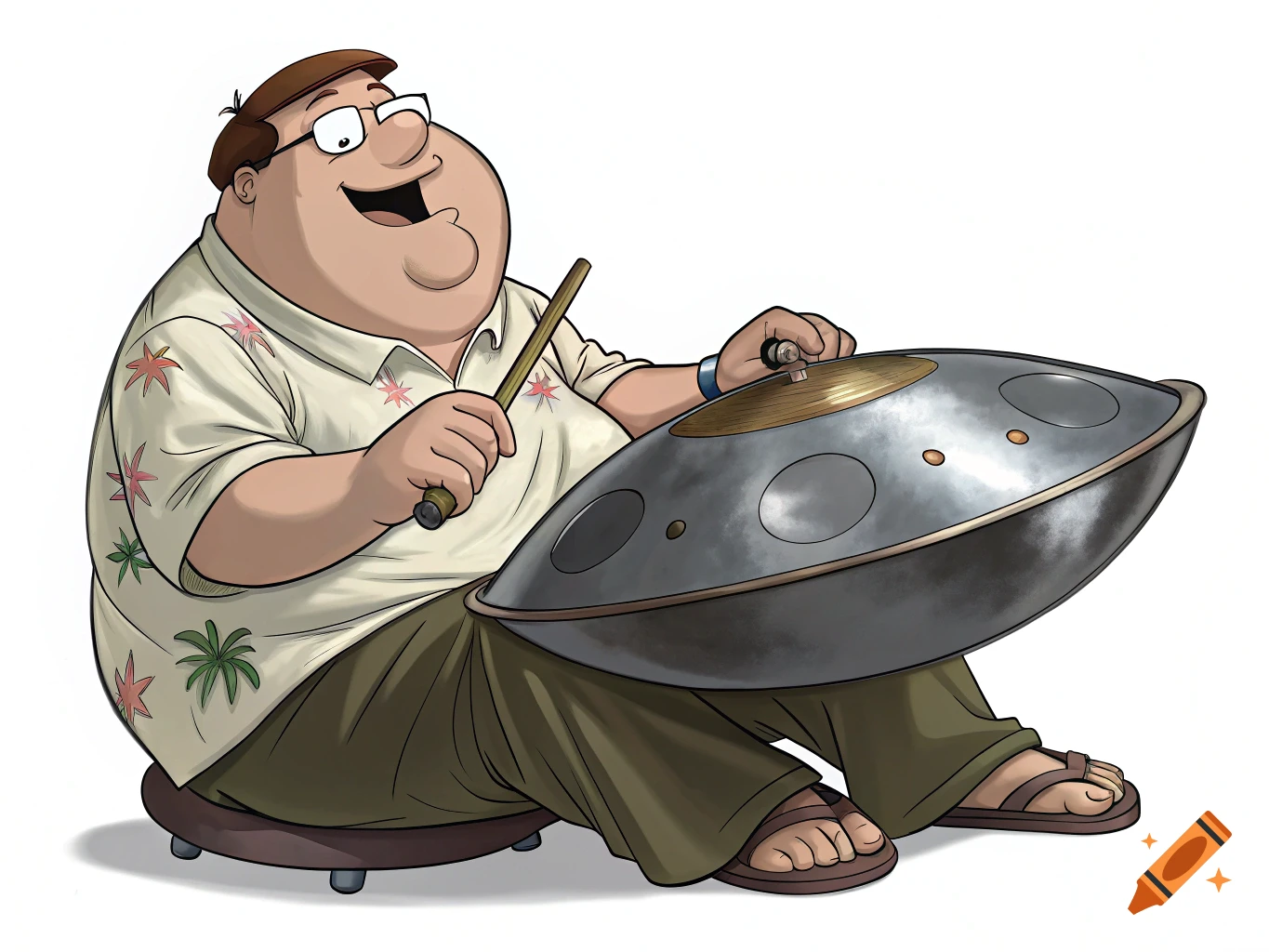 Cartoon illustration of Peter Griffin sitting and playing a handpan.