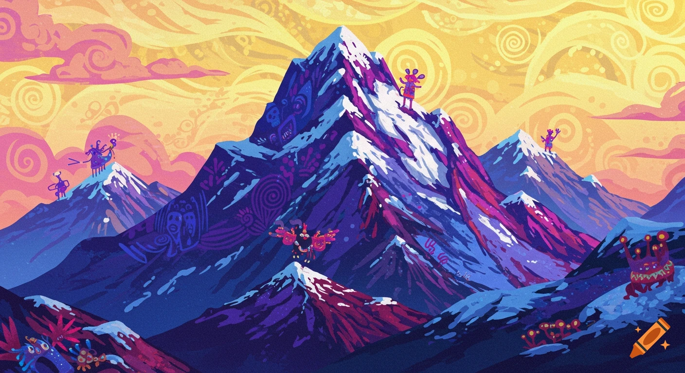 Colorful stylized mountain landscape with figures on snowy peaks in a folk art style.