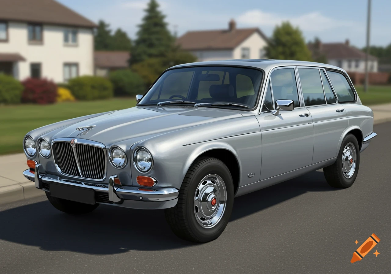 Silver classic Jaguar station wagon parked on a suburban street