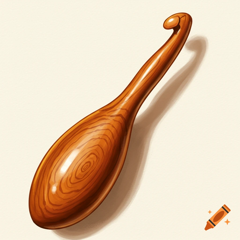 A close-up illustration of a wooden crochet hook on a neutral background.