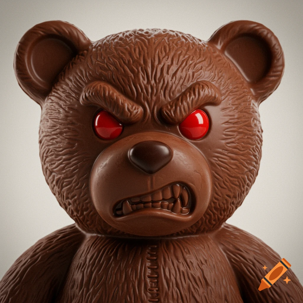 Angry chocolate teddy bear with bright red eyes