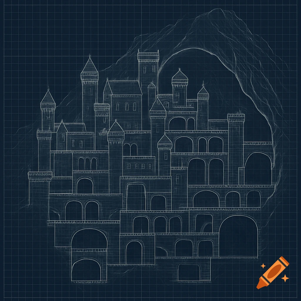 Blueprint drawing of a castle built inside a mountain.