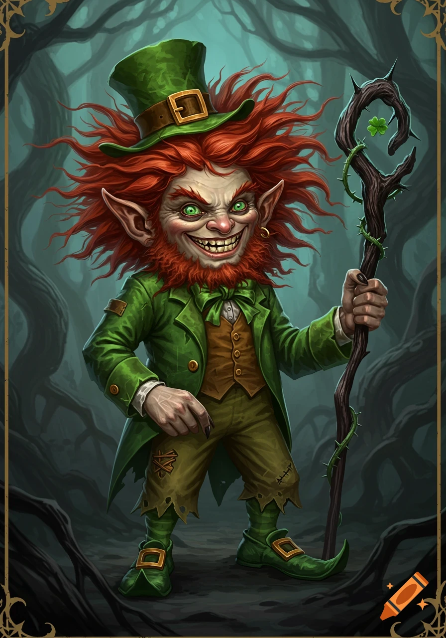 A cursed leprechaun with sharp teeth and green eyes stands in a forest, holding a staff.