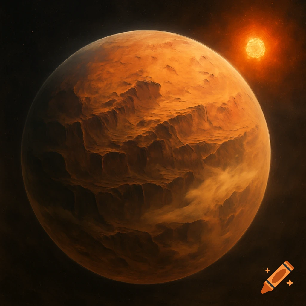 Large orange planet with rocky terrain in space next to a bright star.