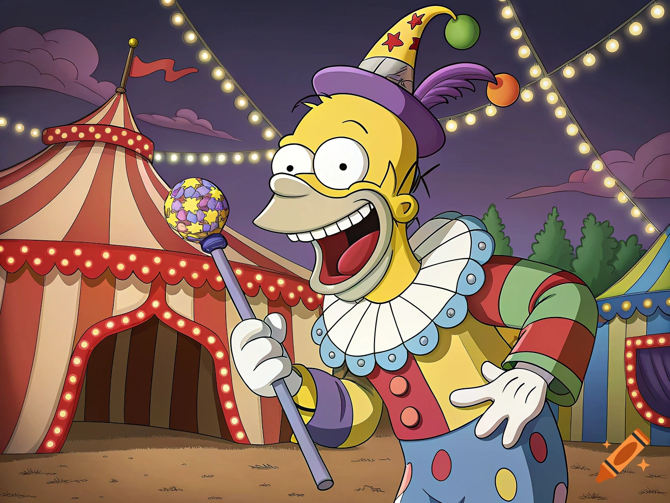 Homer Simpson dressed as a clown holding a scepter at a circus.