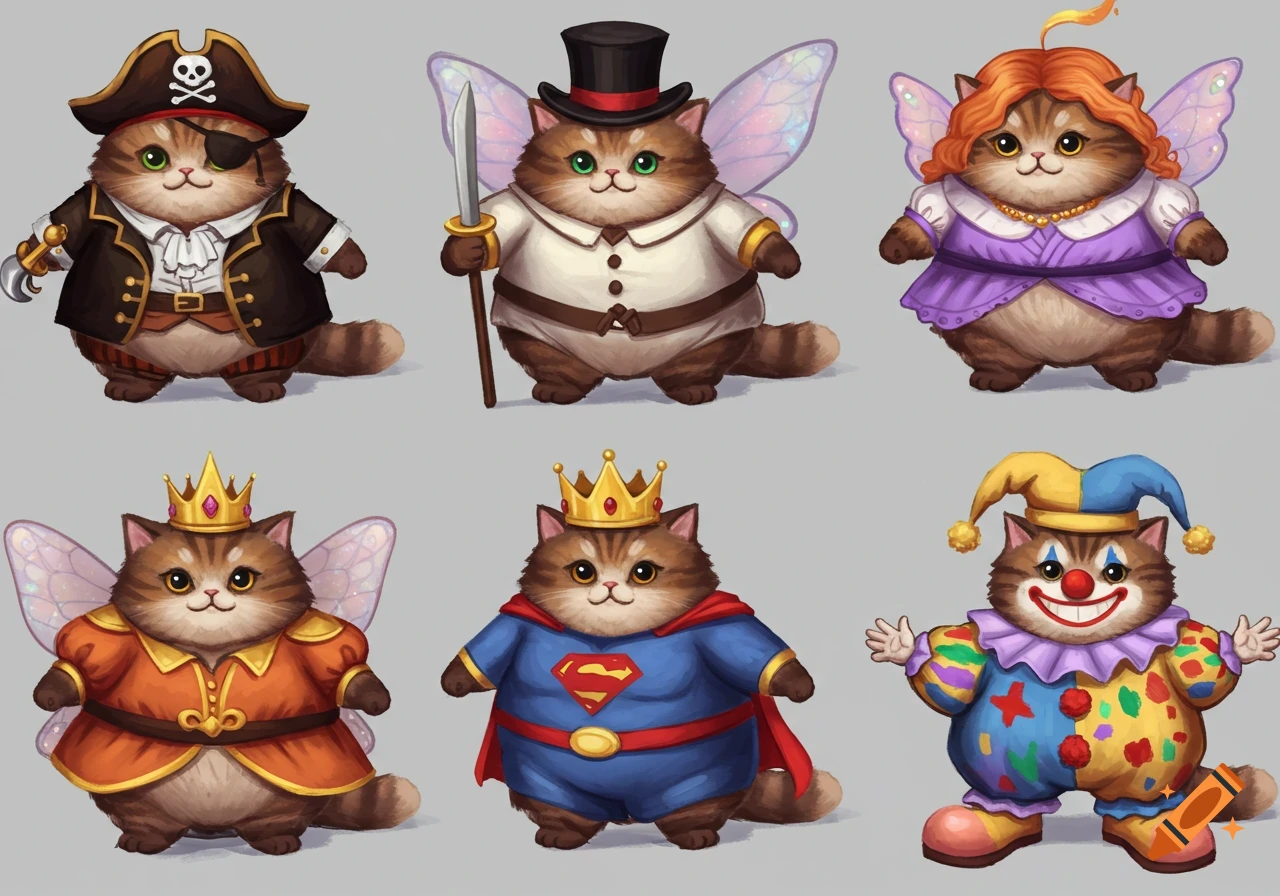 Cartoon illustration of six fluffy cats wearing costumes: pirate, ringmaster, fairy, queen, superhero, and clown.