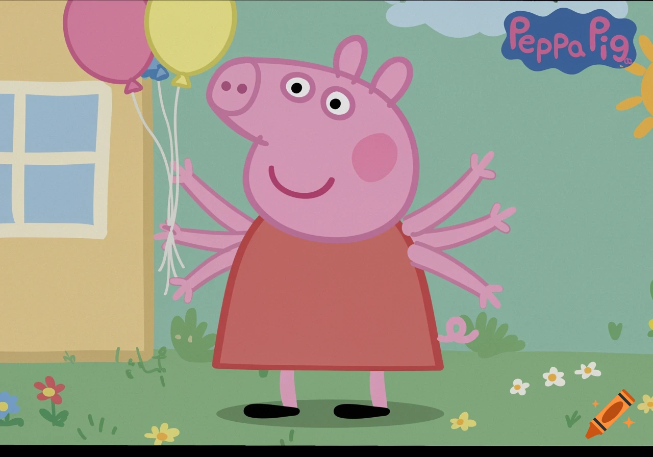 Cartoon of Peppa Pig with multiple arms holding balloons in a garden scene.