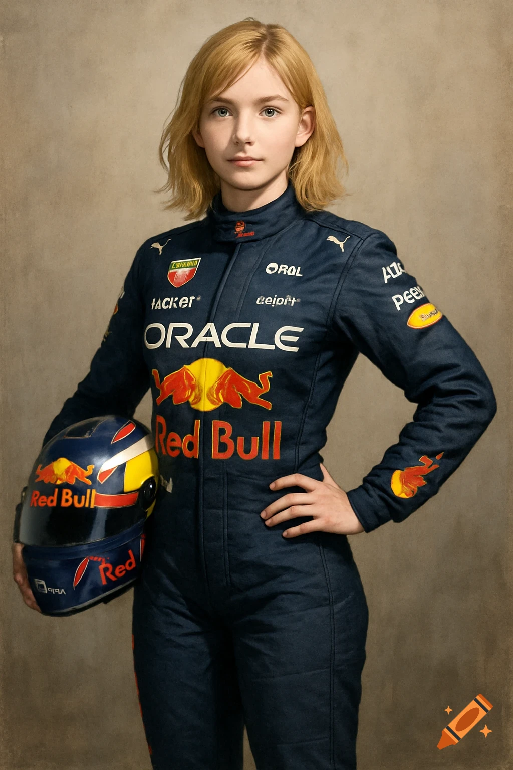Photorealistic portrait of a young woman in a navy Red Bull racing suit, holding a helmet.