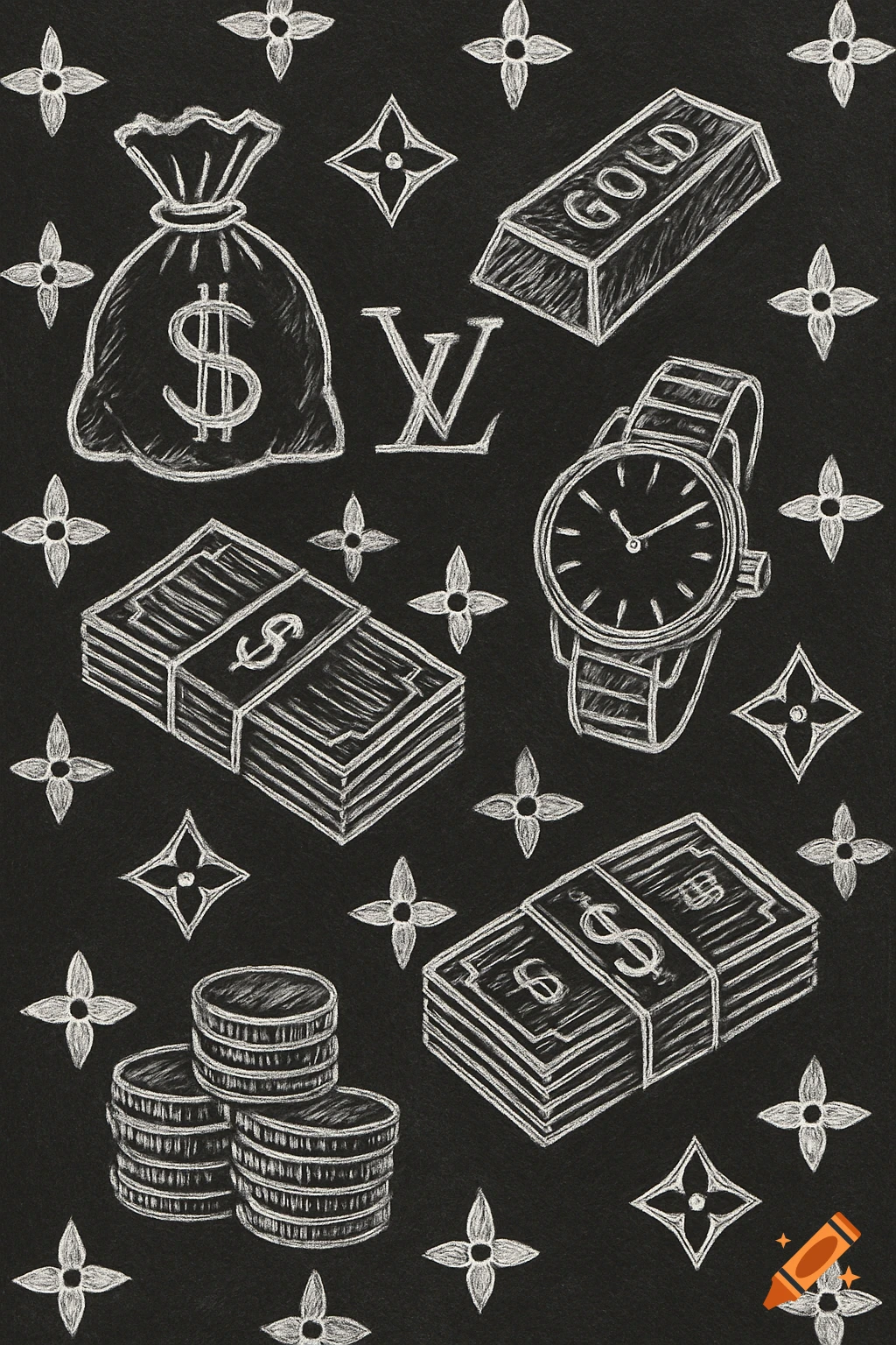 White chalk drawing pattern of money, gold, luxury items like LV logo and watches on a black background.