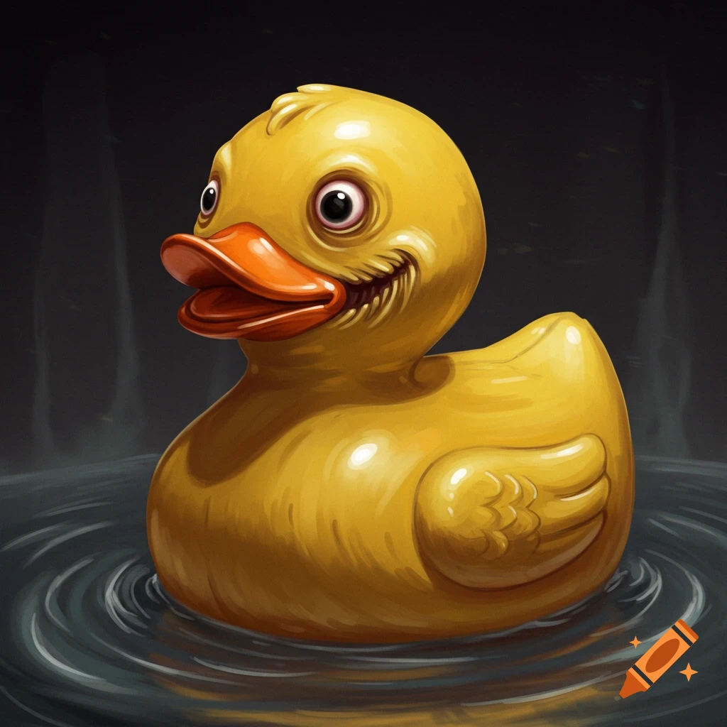 A creepy yellow rubber duck with sinister eyes floats in dark water.