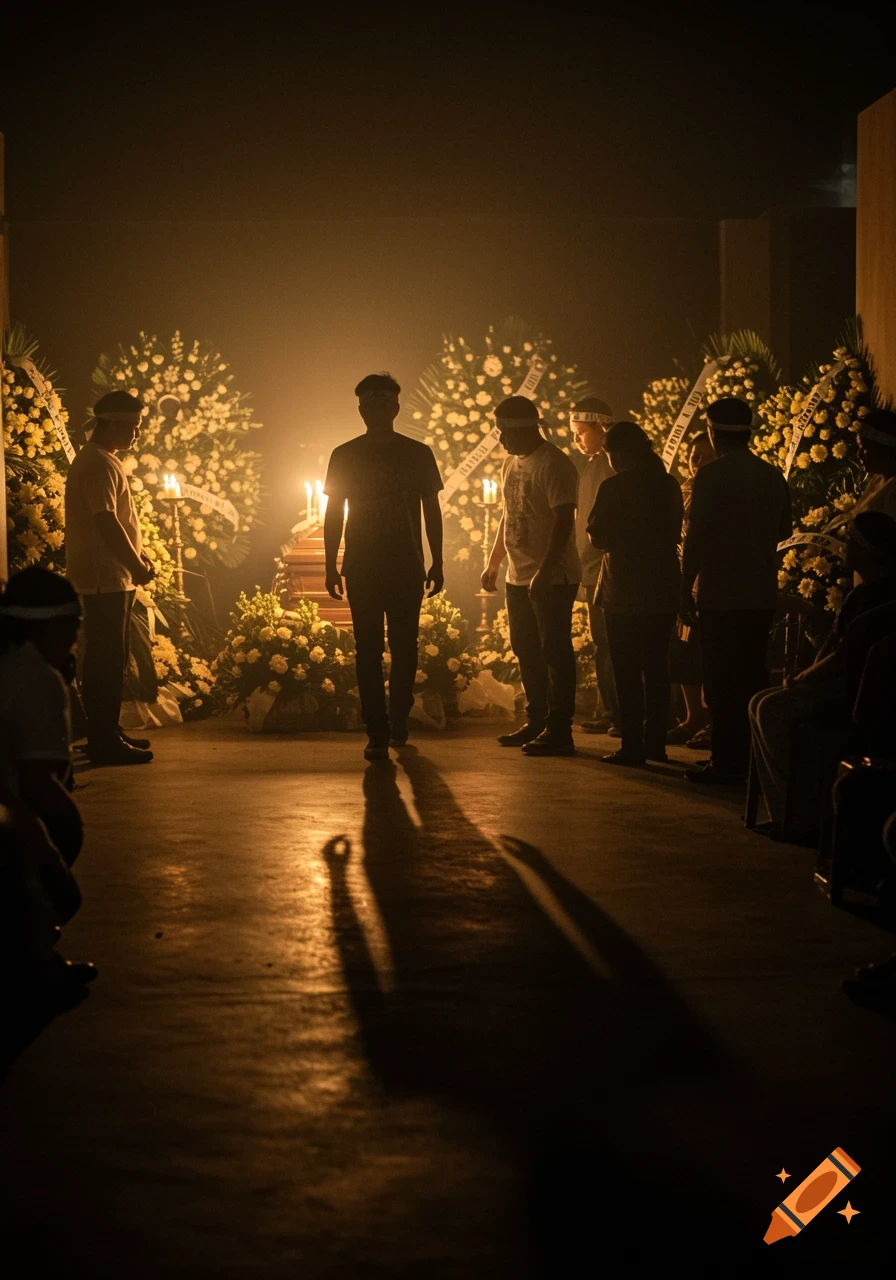 People gathered around a casket surrounded by flowers and candles in a dimly lit room. A man walks away, casting a long shadow.