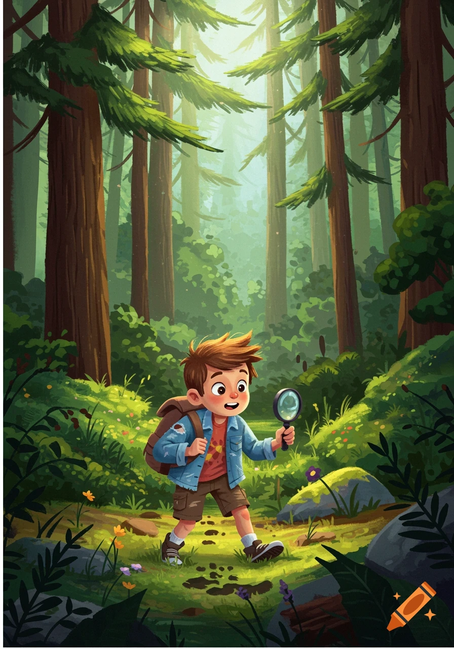 An illustration of a young boy with a backpack, holding a magnifying glass and exploring a sunlit forest floor.