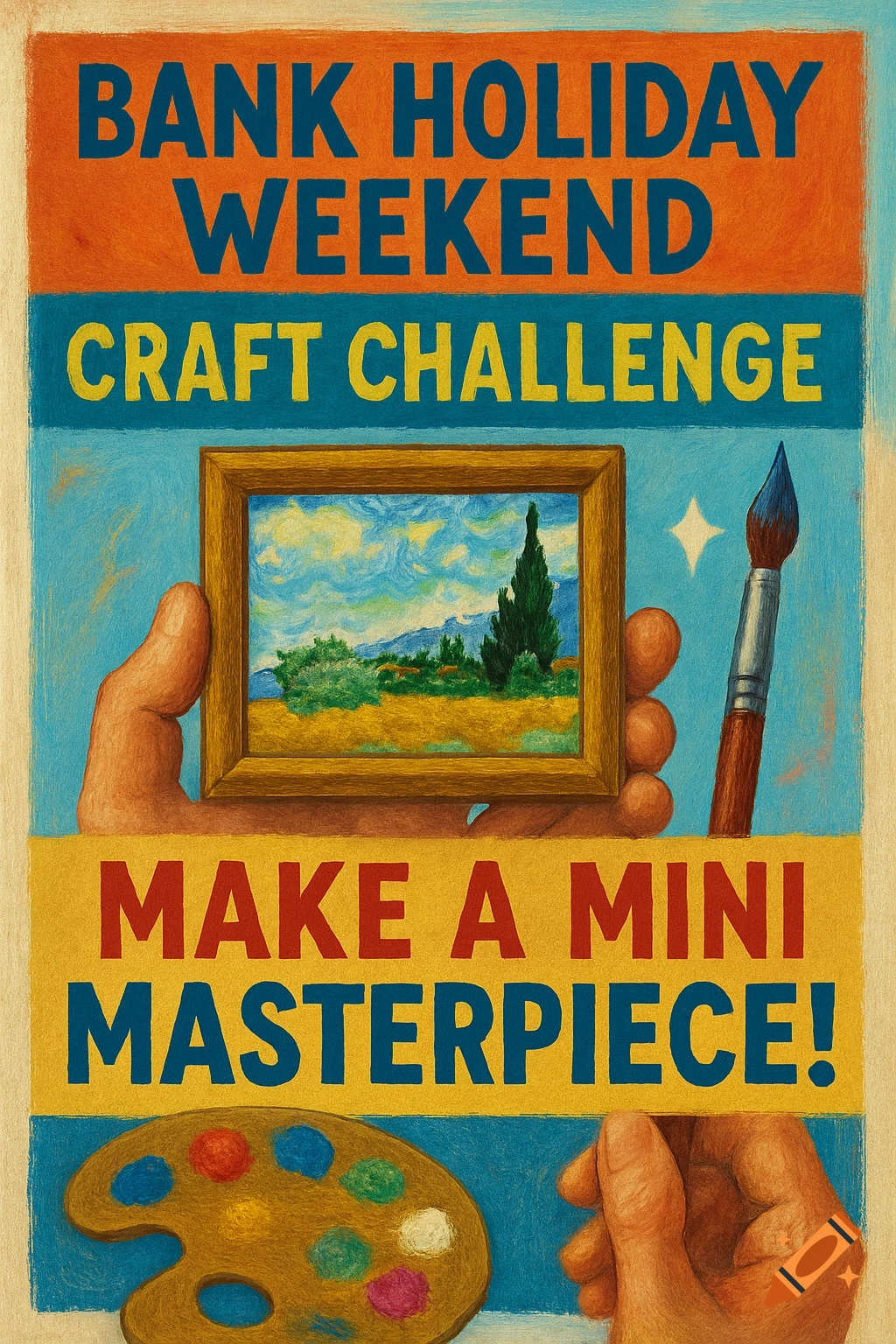 Poster for a craft challenge shows hands with a miniature painting, brush, and palette. Text: Bank Holiday Weekend Craft Challenge Make a Mini Masterpiece!