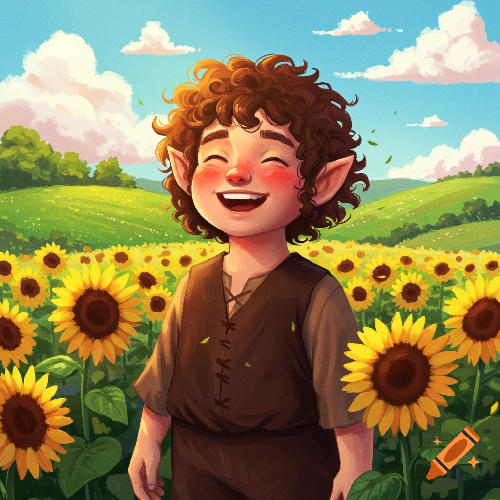 Cartoon illustration of a cheerful hobbit in a field of sunflowers under a blue sky.