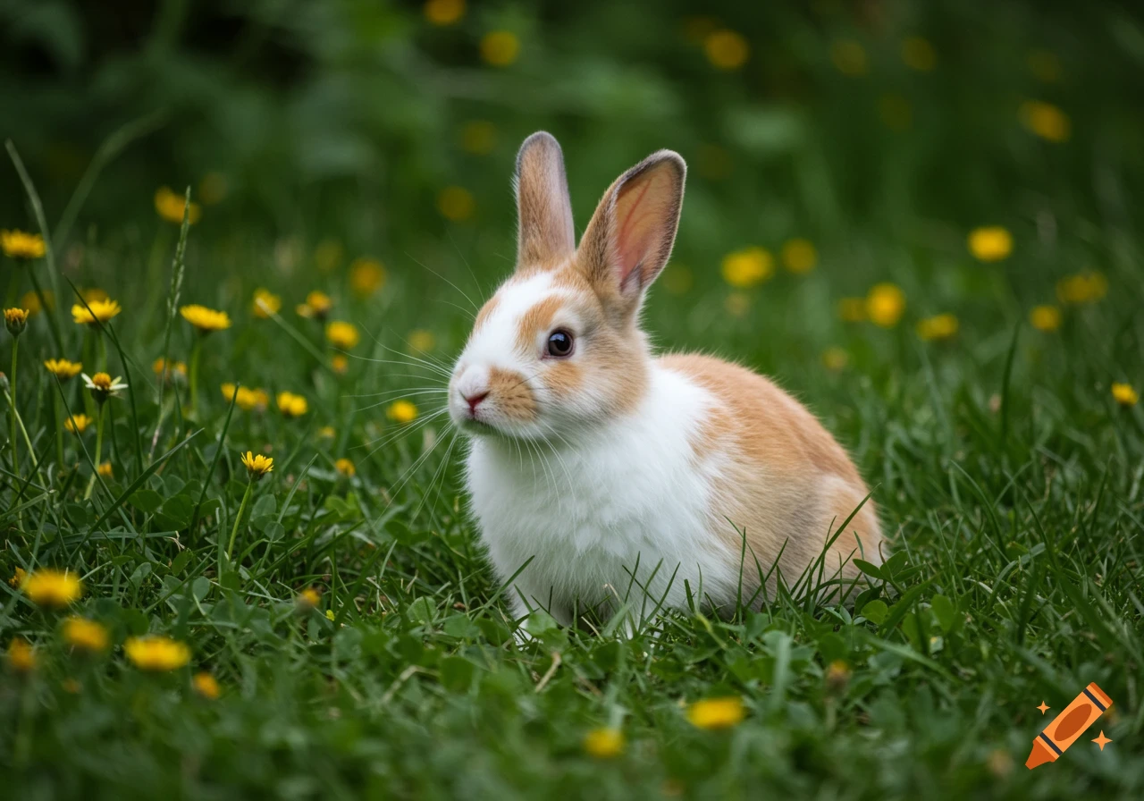 A brown and white rabbit sits in green grass among yellow flowers. Photorealistic.