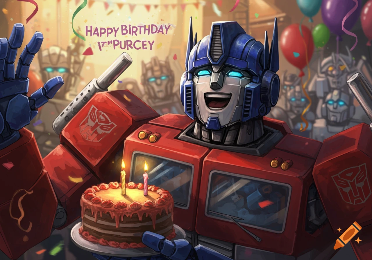 Optimus Prime smiles holding a birthday cake, with other robots and party decorations in the background.