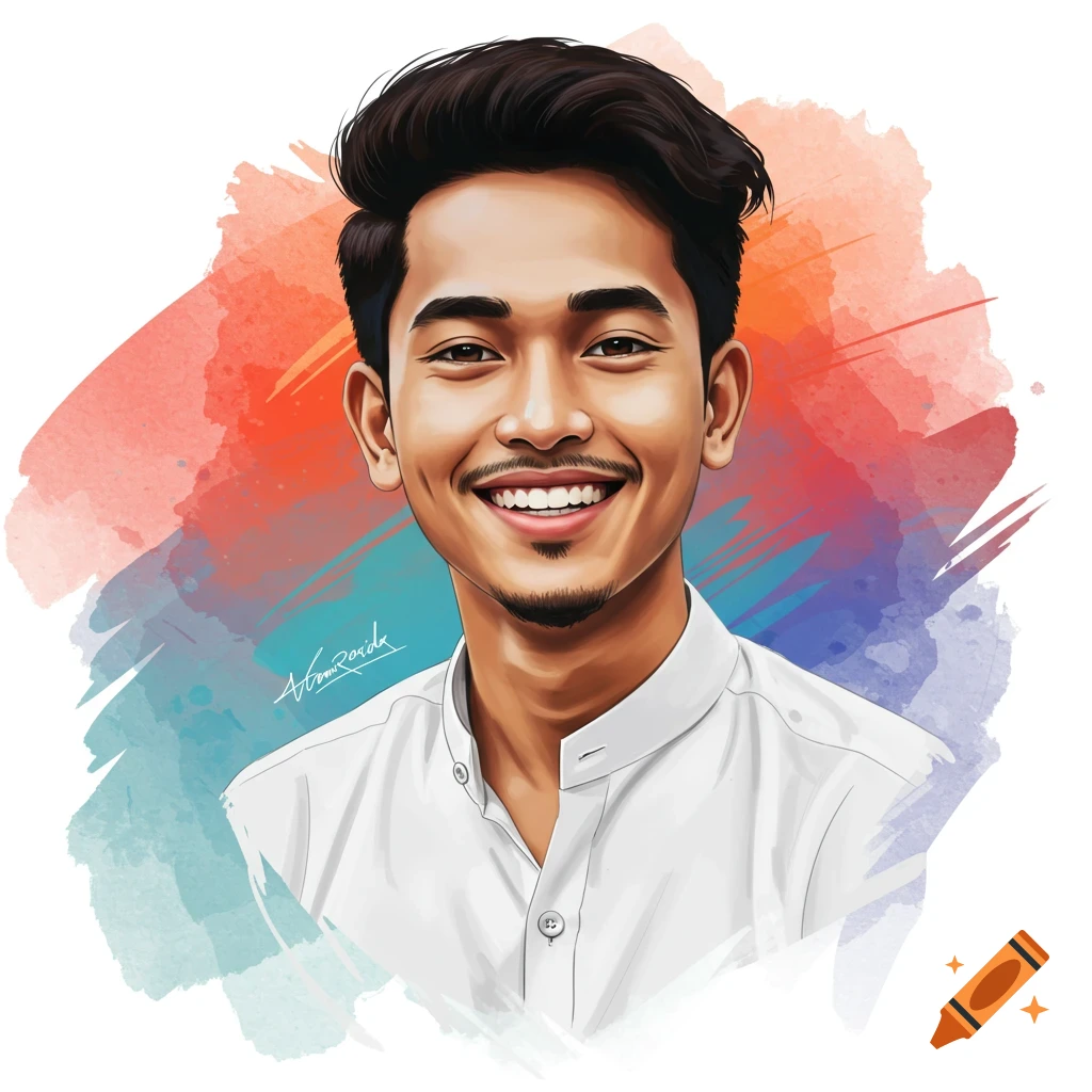 Digital illustration of a smiling young man with a dimple, against a ...