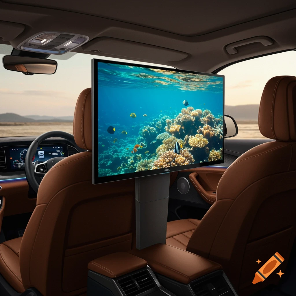 TV screen showing underwater scene mounted in a car interior