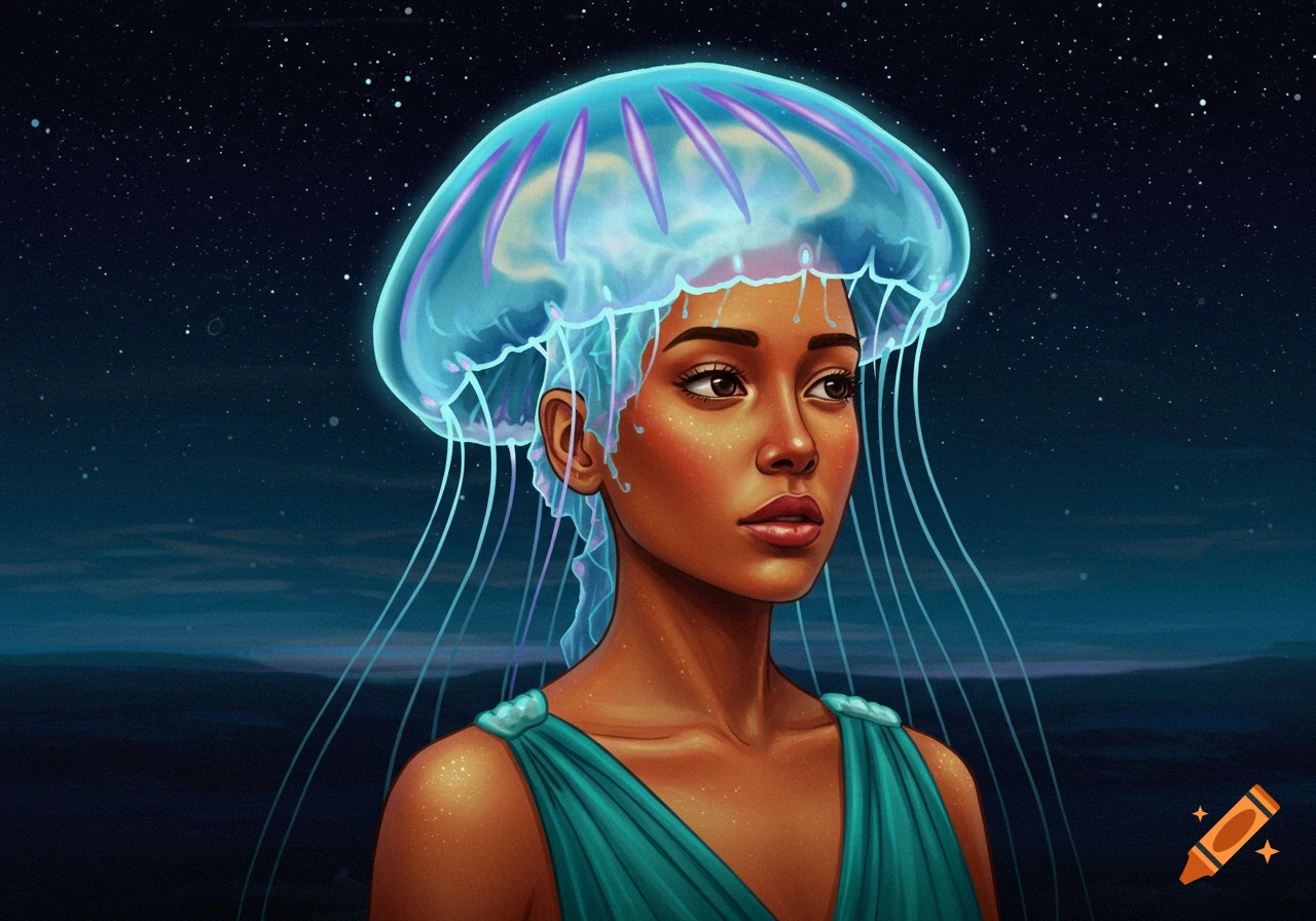 Digital painting of a woman with a glowing jellyfish on her head against a starry night sky.