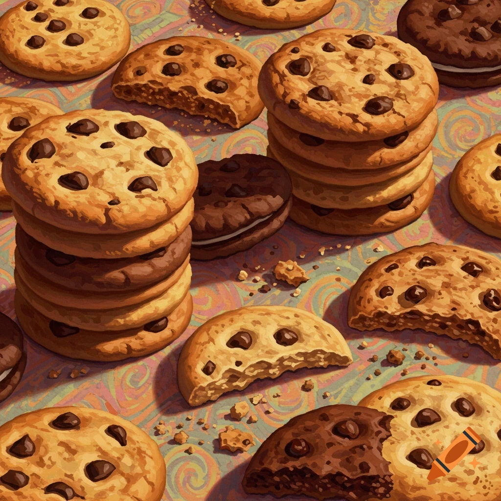 A close-up illustration of chocolate chip cookies, some stacked and some broken, on a patterned surface.