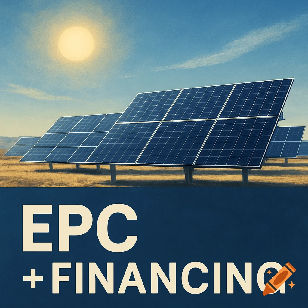 Solar panels in a field with text EPC + FINANCING below under a sunny sky.