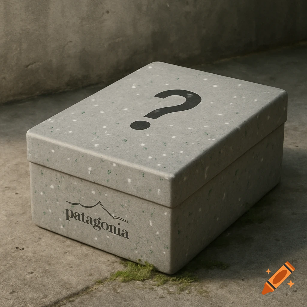 A grey textured box with a question mark on top and a logo on the side sits on concrete with moss.