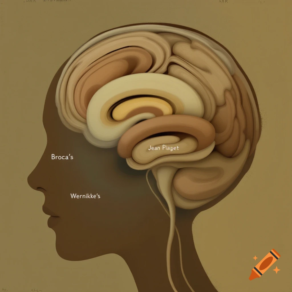 Surreal profile with stylized brain labeled Broca's and Jean Piaget in earth tones