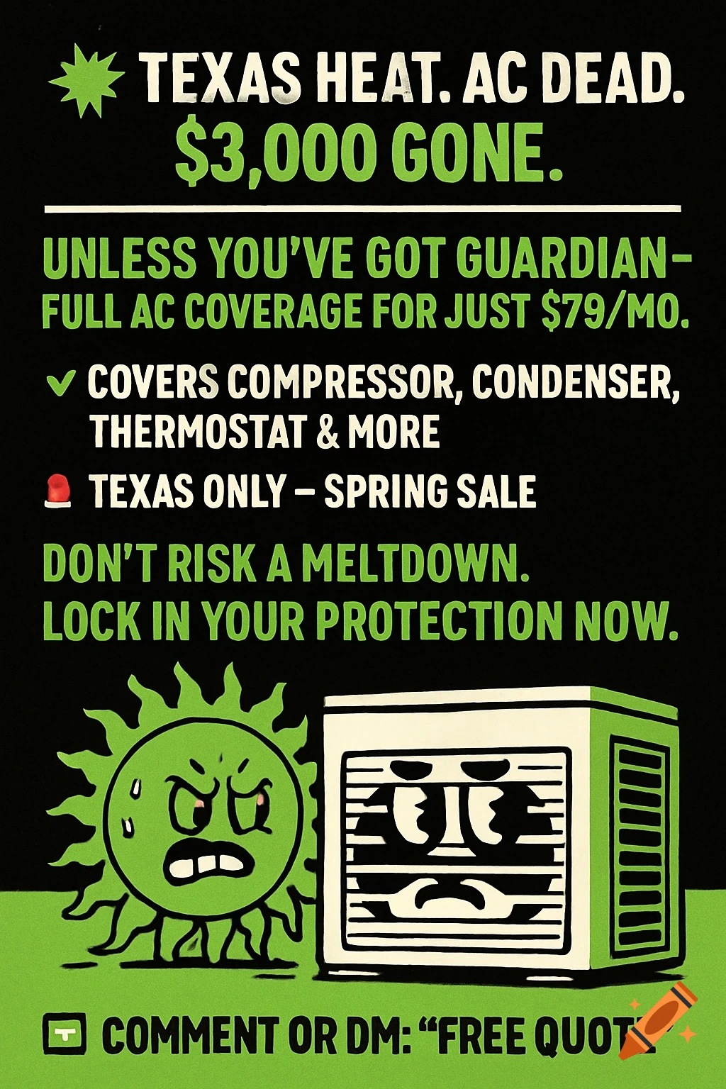 Cartoon ad with a distressed sun character and an AC unit. Text about Texas heat, AC coverage, and a sale.