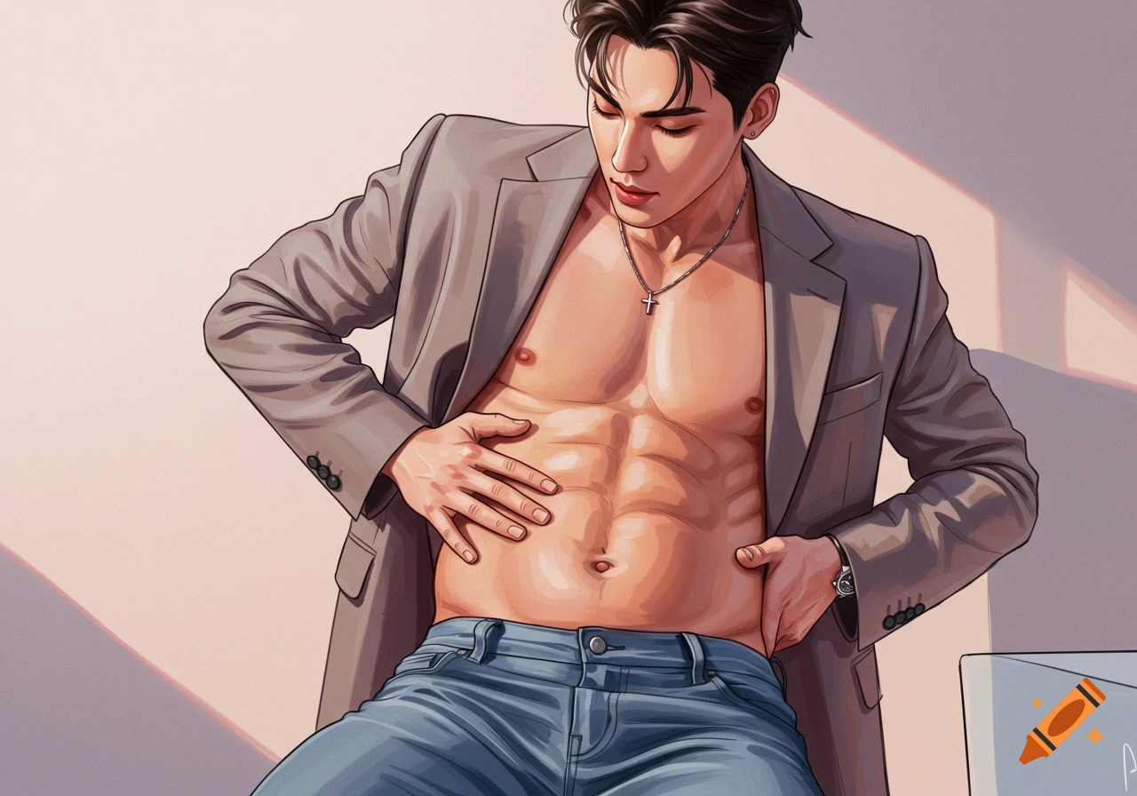 Illustration of a muscular Asian man in an open suit jacket and jeans, touching his abdomen.