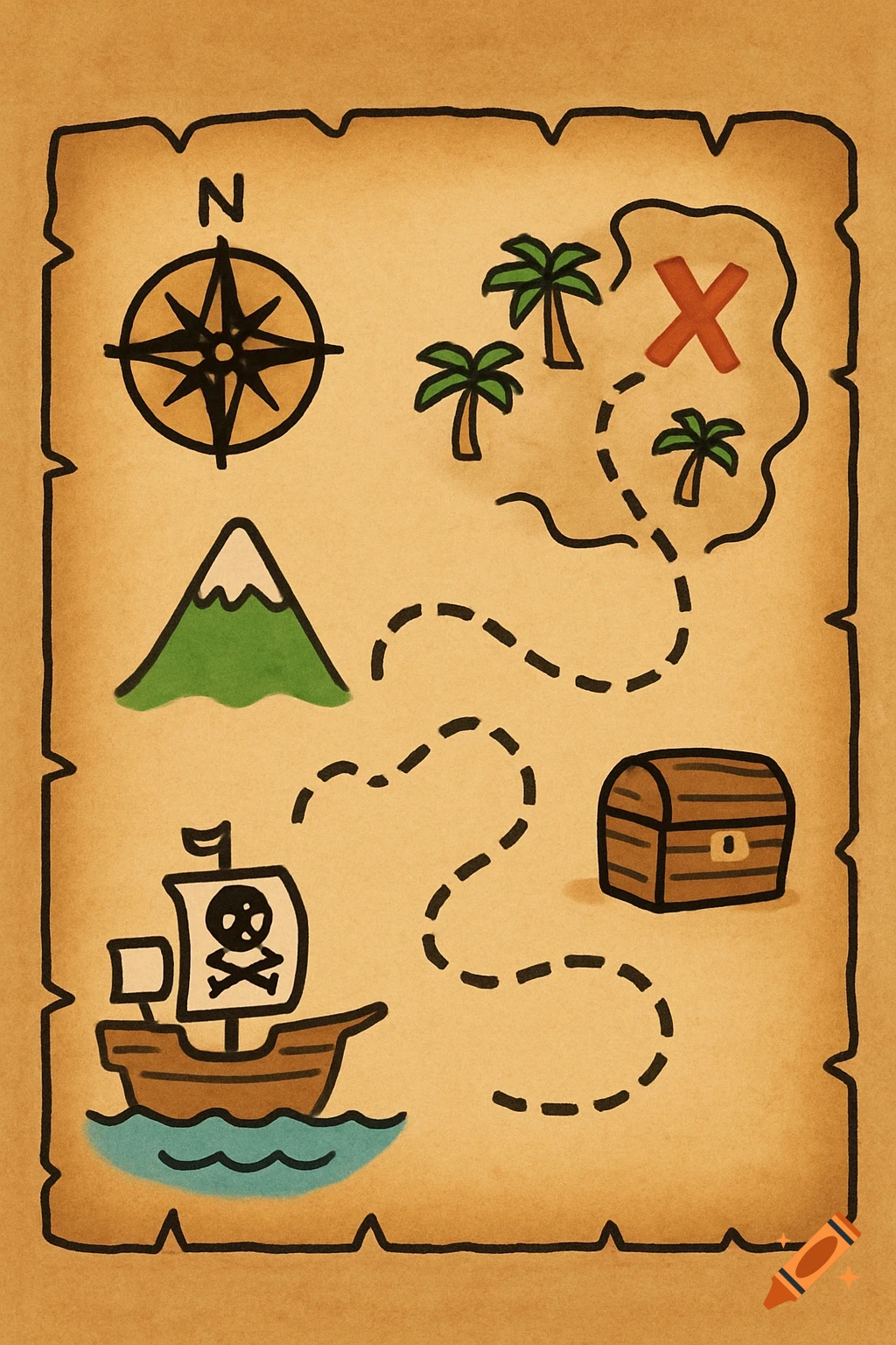 A simple cartoon treasure map with a compass, pirate ship, mountain, palm trees, a treasure chest, and a dotted path leading to an 'X'.