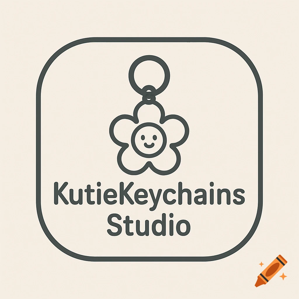 A minimalist logo for KutieKeychains Studio featuring a line drawing of a flower keychain with a smiley face inside a rounded square.