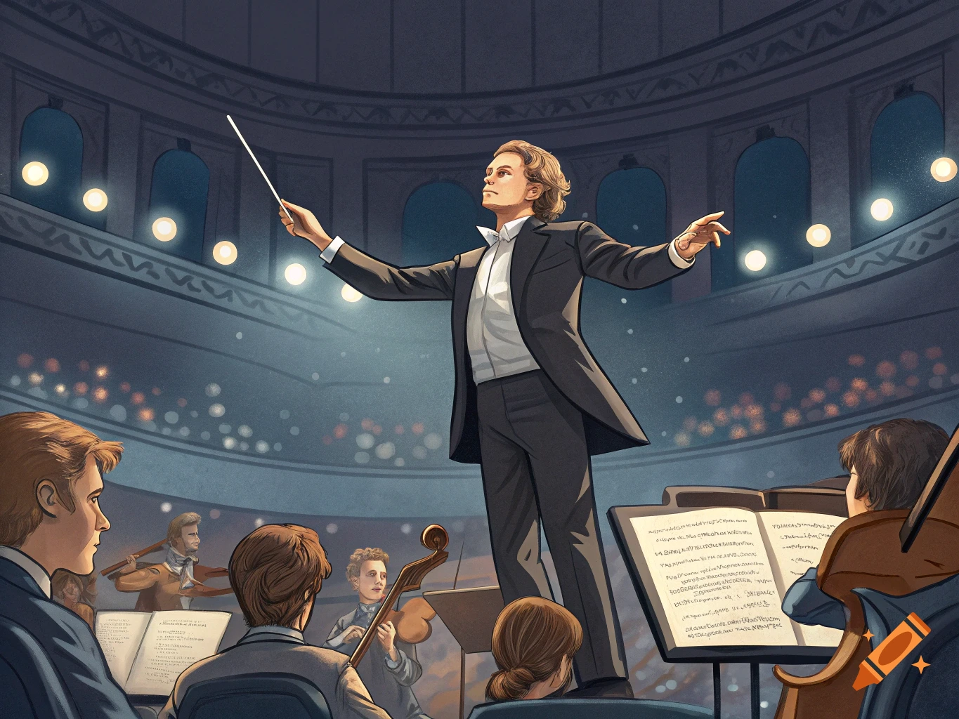 An illustrated orchestra conductor stands on a podium leading musicians in a concert hall.