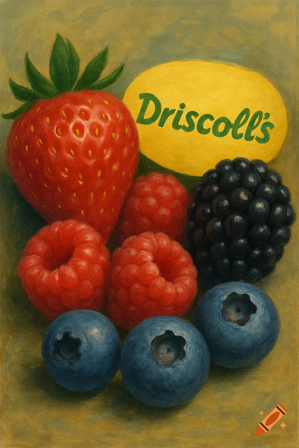 Still life painting of Driscoll's berries including strawberry, raspberries, blackberry, and blueberries.