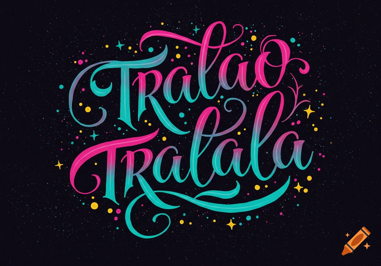 Stylized calligraphy reading TRALAO TRALALA in pink and teal colors with colorful dots and stars on a dark background.