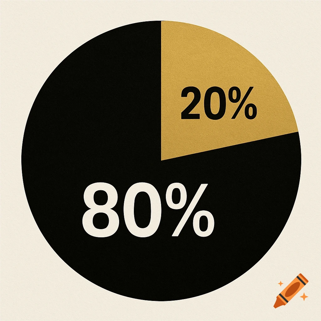 A black and gold pie chart shows sections labeled 80% and 20%.