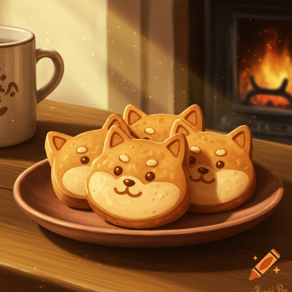 Ghibli style illustration of Shiba Inu shaped cookies on a plate by a fireplace.