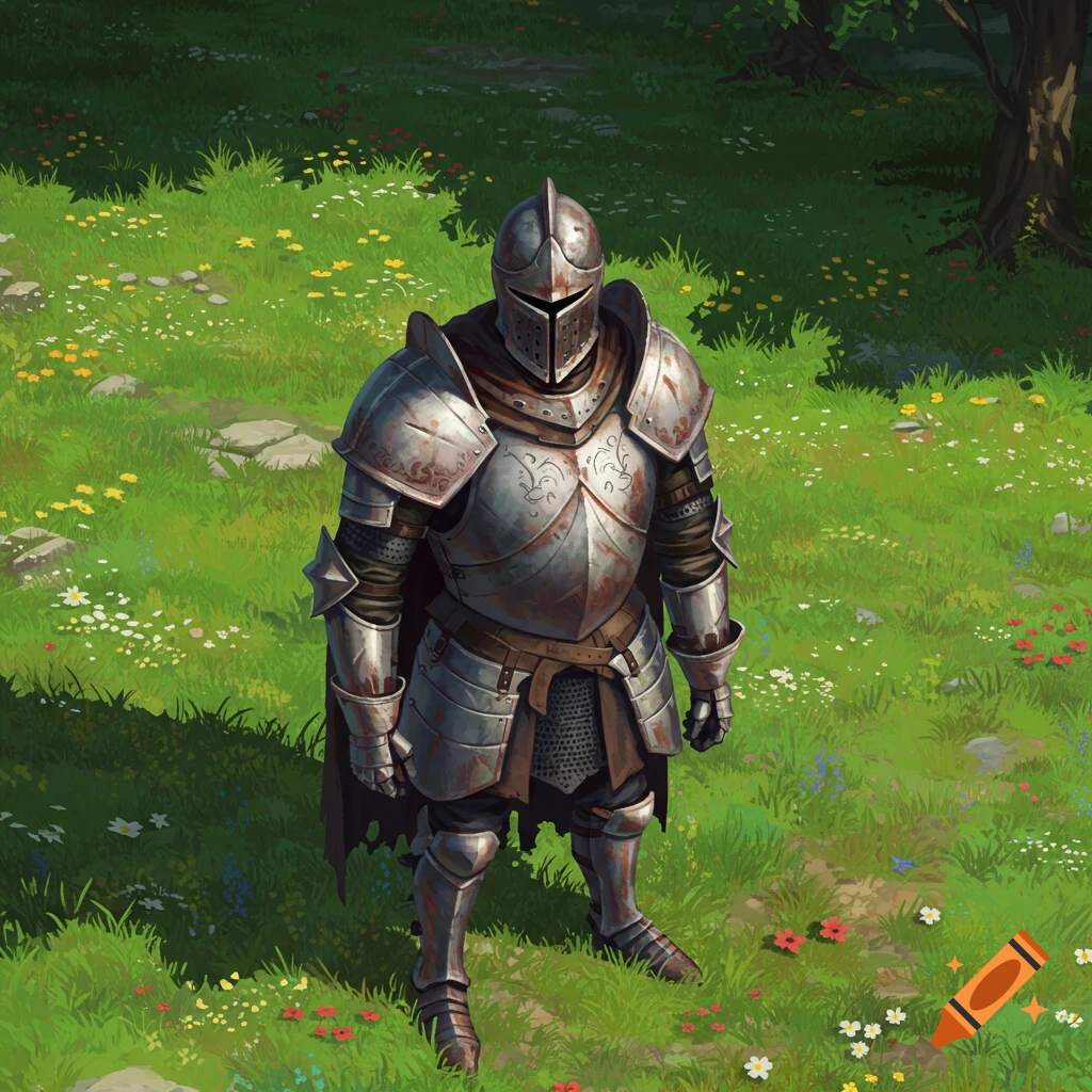 A video game style illustration of a knight in full plate armor and a great helm standing in a grassy field with small flowers, viewed from above.