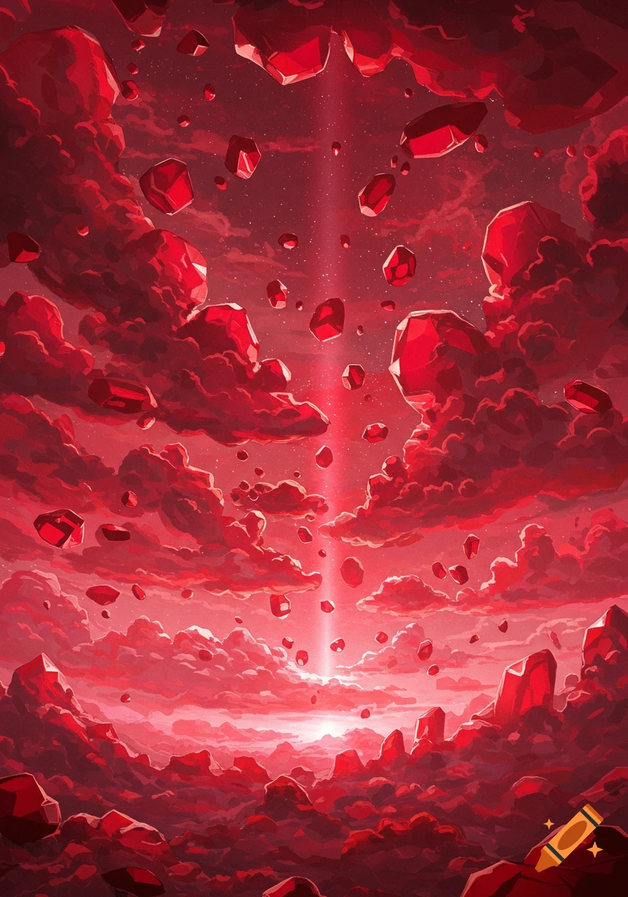 Red sky filled with falling ruby crystals and clouds, with a light beam from above, over a rocky landscape.