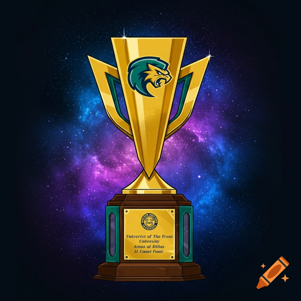A golden trophy with a lion logo set against a colorful space background.