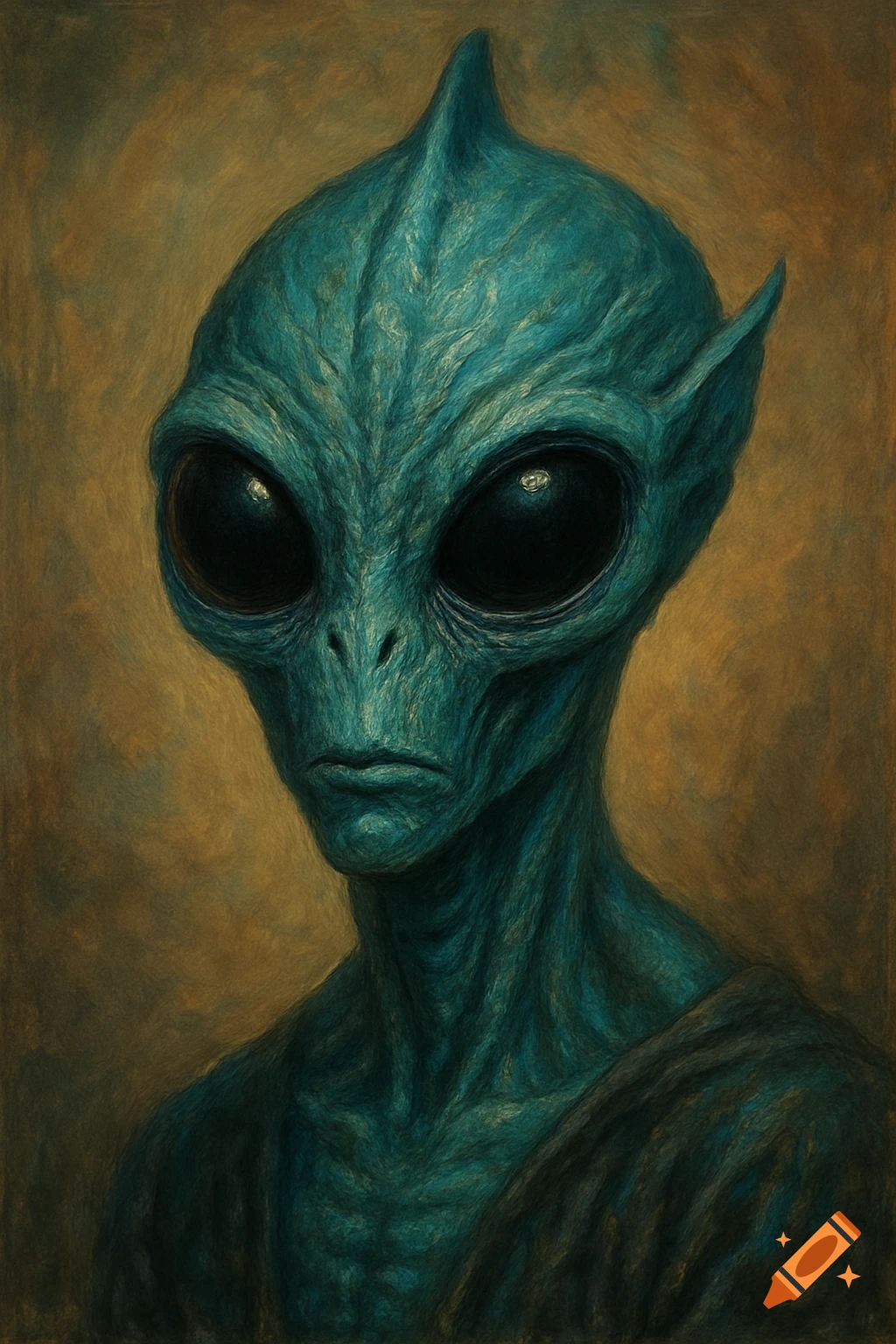 A detailed painting of a blue-skinned alien with large black eyes.