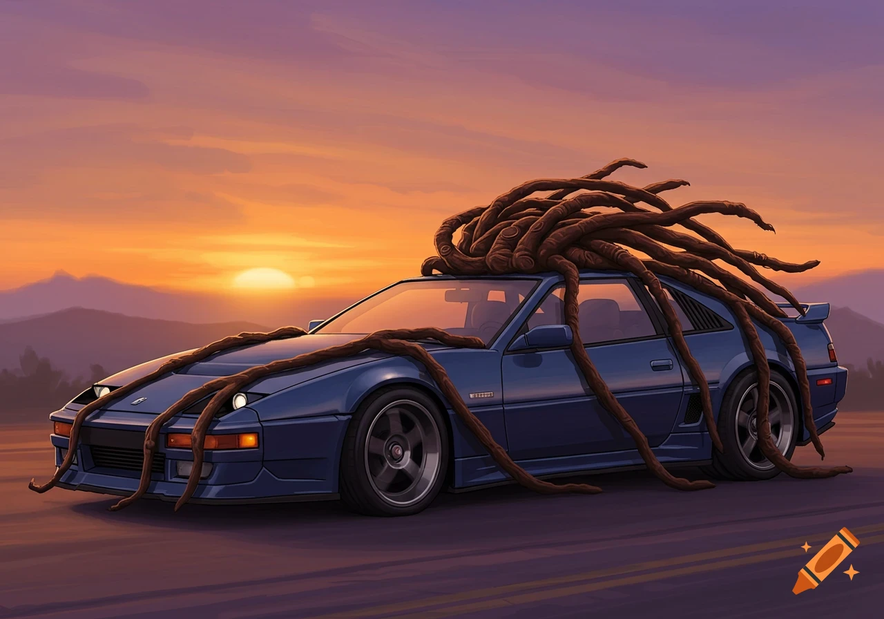 Blue sports car with large dreadlock-like tendrils draped over it, set against a sunset landscape.
