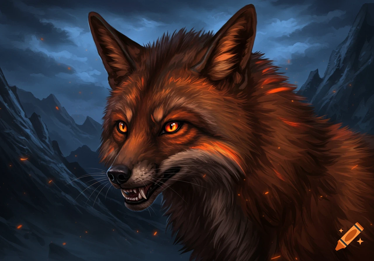 A close-up digital painting of a fierce war fox with bright orange eyes and fiery fur highlights against a dark mountain backdrop.