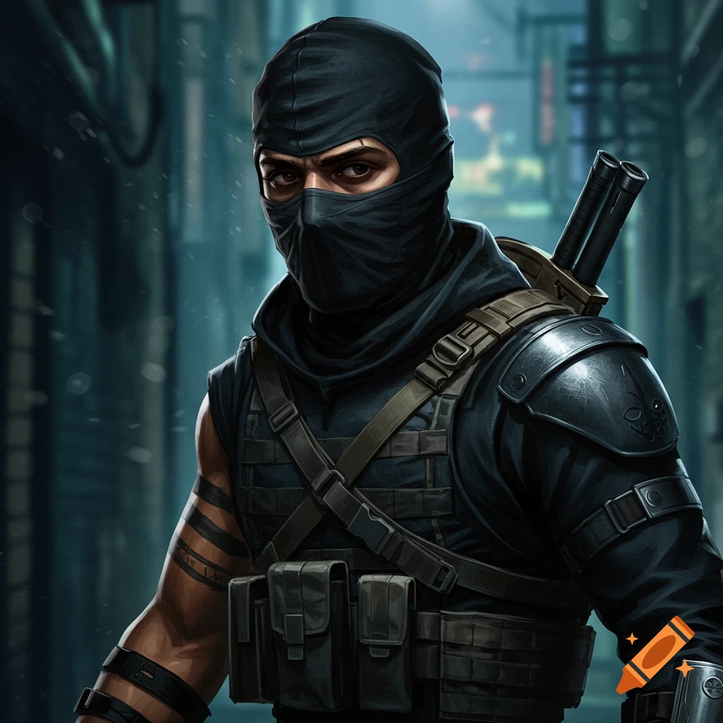 Close-up portrait of a masked assassin in black tactical gear with ...