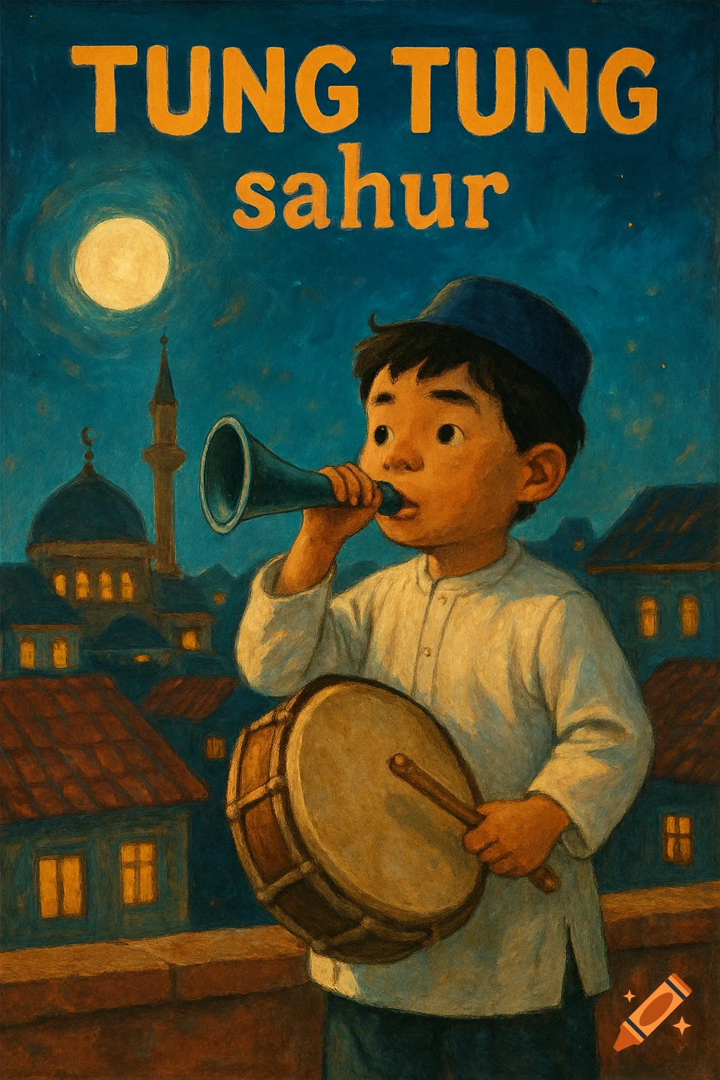 Illustration of a child with a drum and megaphone on a rooftop at night, with a mosque and moon behind them. Text reads "TUNG TUNG sahur".