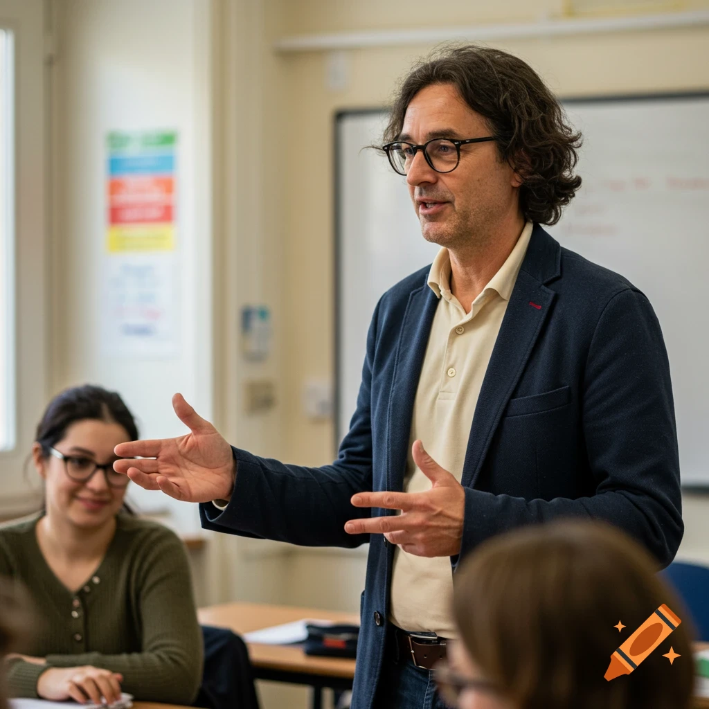 A teacher talks to students in a classroom