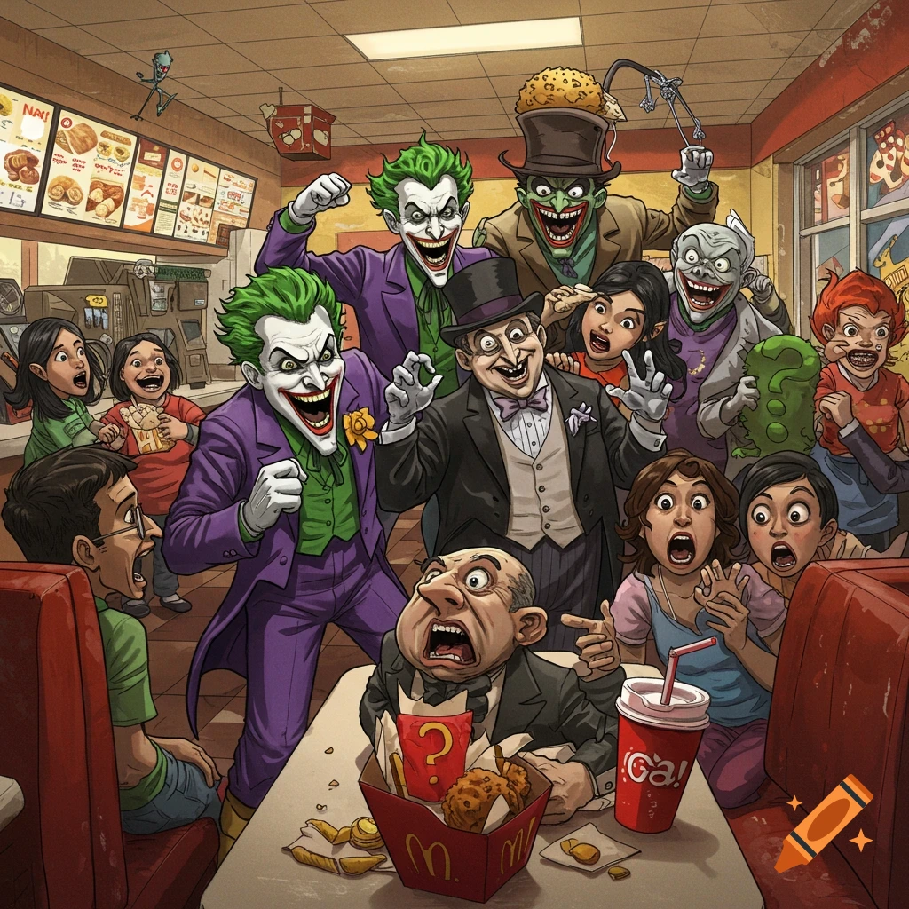 Batman villains like Joker, Penguin, and Riddler terrorize people in a fast-food restaurant. Illustration.