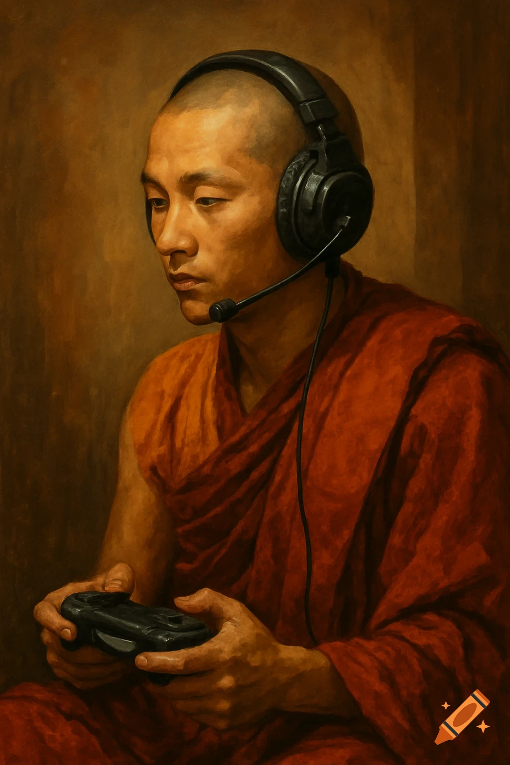 A portrait painting of a monk wearing a gaming headset and holding a controller.